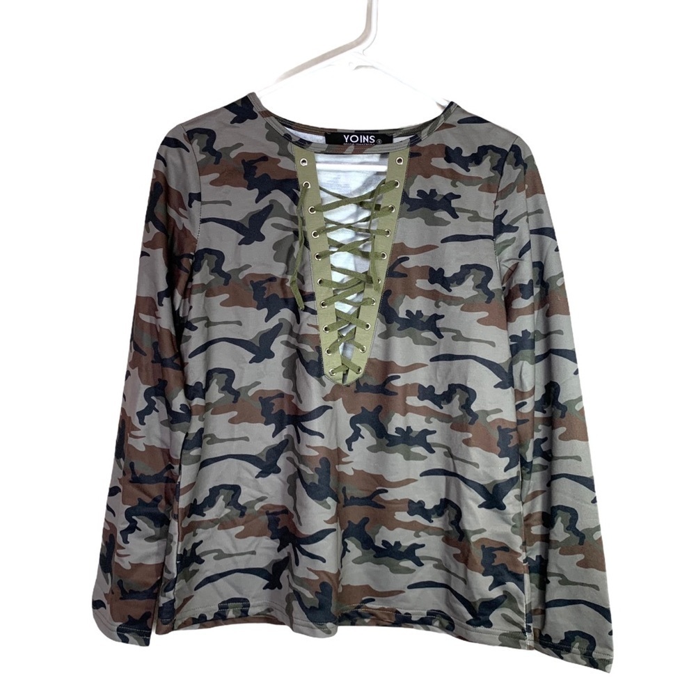 Boutique Yoins Military Camouflage Sexy Lace-Up V-Neck Long Sleeve Top Sz Small - Picture 4 of 16